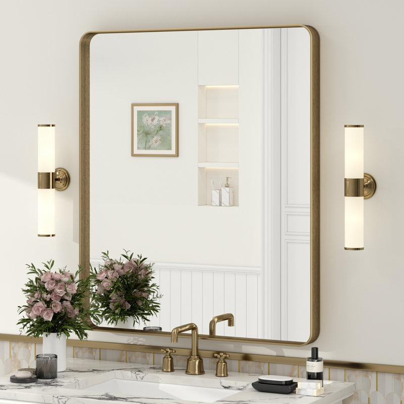 Miroir de salle de bain mural en verre trempé et métal Molly, 36 po x 30 po, Bronze, Rectangle(Rounded Corner)
