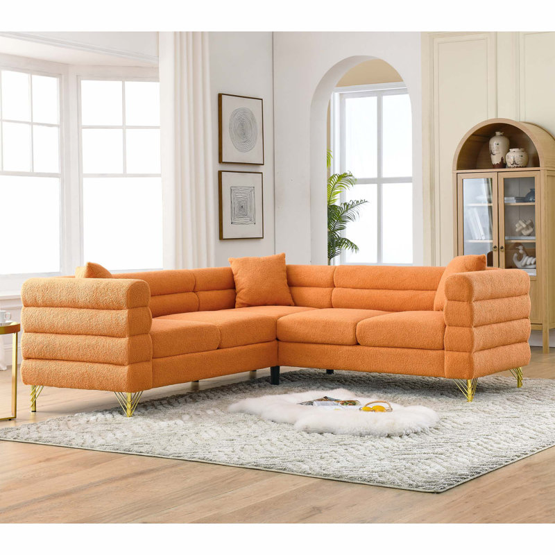 Canapé modulaire en L en forme de L avec silhouette courbée et pieds en métal, Orange moelleux
