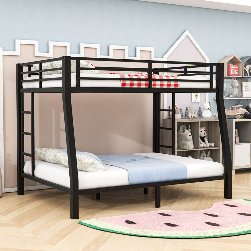 Metal Full XL Over Queen Bunk Bed With Ladder And Guardrails