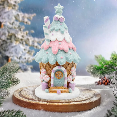 Pastel Pink Resin Gingerbread Treehouse Decoration, 6.5" Christmas Tabletop Village House For Indoor Holiday Display, Xmas Mantel & Shelf Decor