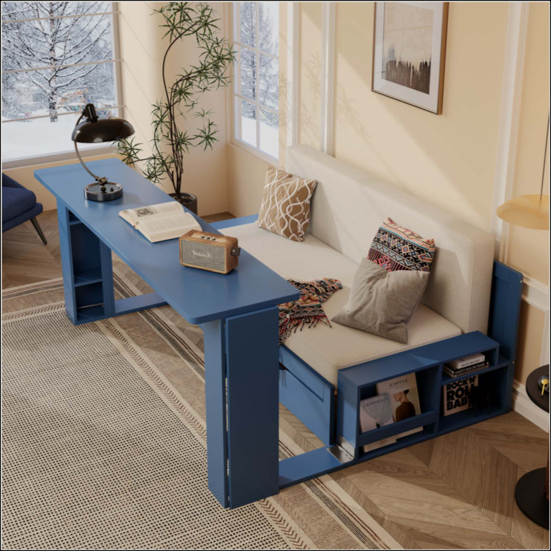 Lit de jour avec bureau amovible, tiroirs de rangement et table d'appoint hydraulique, Grand lit, Bleu