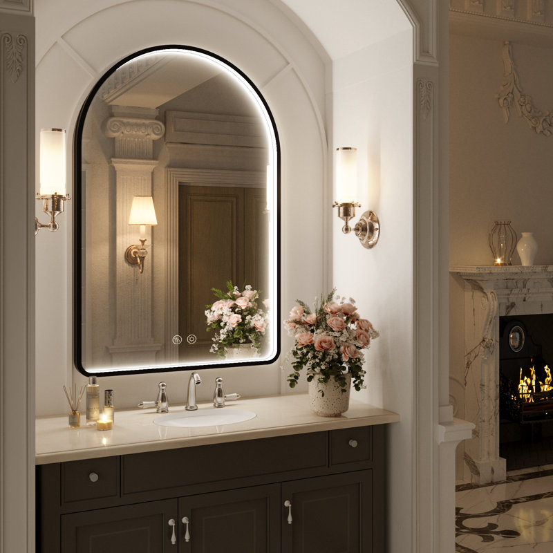 Miroir de salle de bain à DEL avec lumières, miroir de salle de bain arqué avec antibuée, température de 3 couleurs, fonction de mémoire, à intensité variable