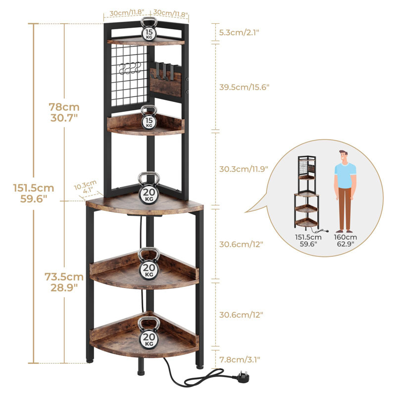 151.5cm H x 30cm W Corner Bookcase, Rustic Brown