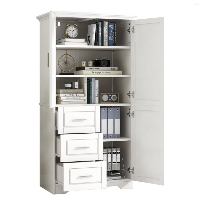 Armoire de rangement haute et large avec portes pour salle de bain / bureau, trois tiroirs