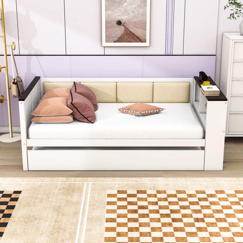 Wood Daybed with Upholstered Backrest, Shelves, Charging Station and Twin Trundle, Twin