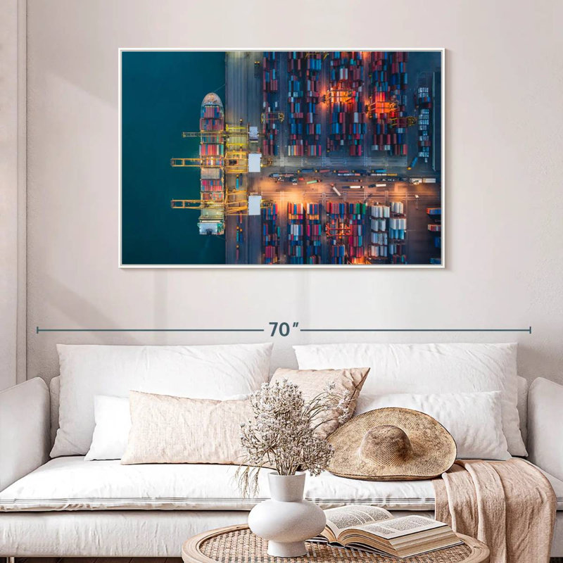 Container Cargo Ship Port, Floating Frame White, 46" X 31"