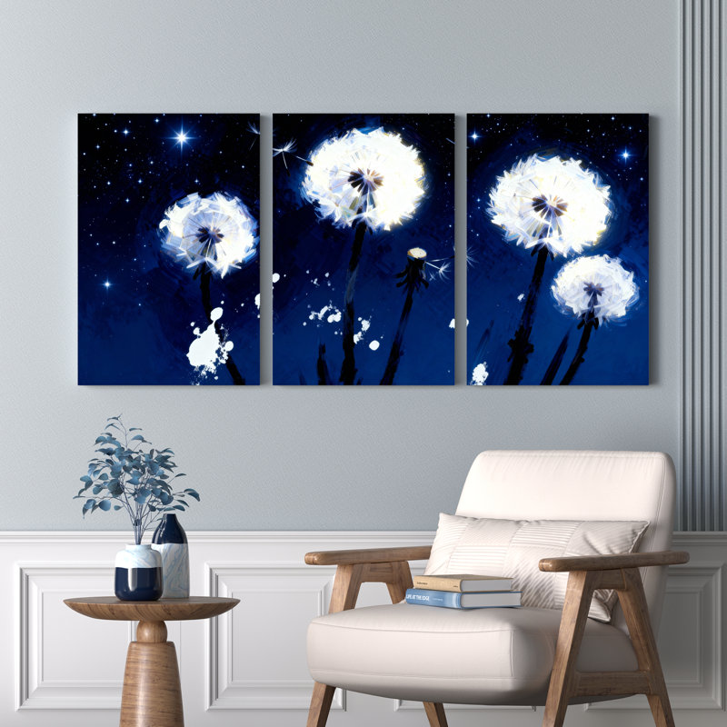 Tableau sur toile tendue « La Nuit étoilée et les pissenlits » (Ensemble de 3), H 18 po x l 36 po