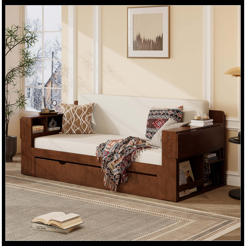 Grand lit de jour avec bureau amovible, tiroirs de rangement et table d'appoint hydraulique, espresso, Espresso