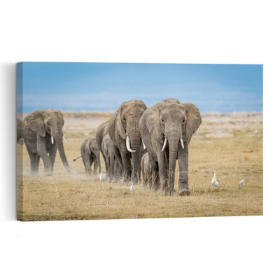 African Elephant Walk Abstract Contemporary Bird Elephant Landscape Nature Wall Art Print by Jeffrey C. Sink - 1 Piece Wrapped Canvas Wall Art