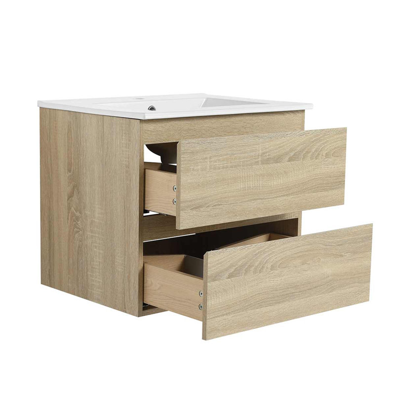 Meuble-lavabo mural avec lavabo en céramique, armoire avec 2 tiroirs à fermeture en douceur, Brun clair