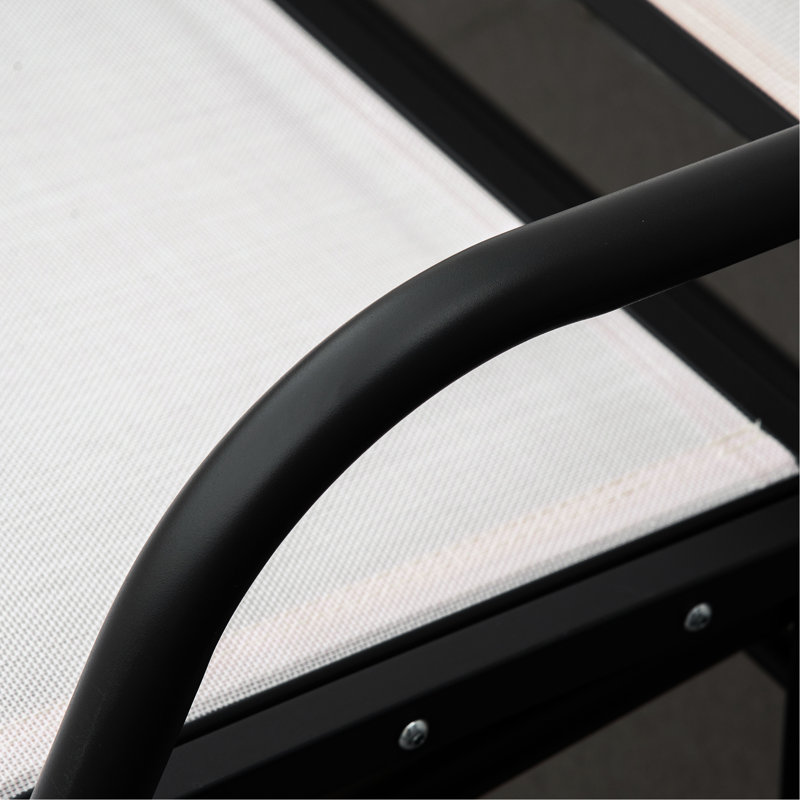 Banc à bascule 3 places blanc crème avec assise en maille, structure en métal, glissement fluide pour terrasse extérieure, convient aux porches et balcons.