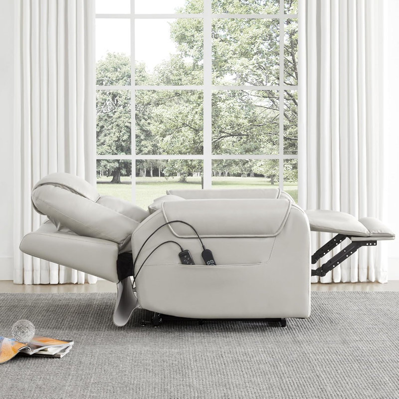 Power Lift Recliner – Massage & Heat, Lay Flat Leather, USB, Cup Holders, Power Headrest, Independent Backrest, Light Gray