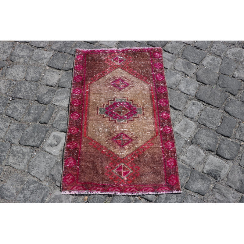 Tapis turc rétro tissé à la main Vintage Oushak - Petit tapis de salle de bain neutre
