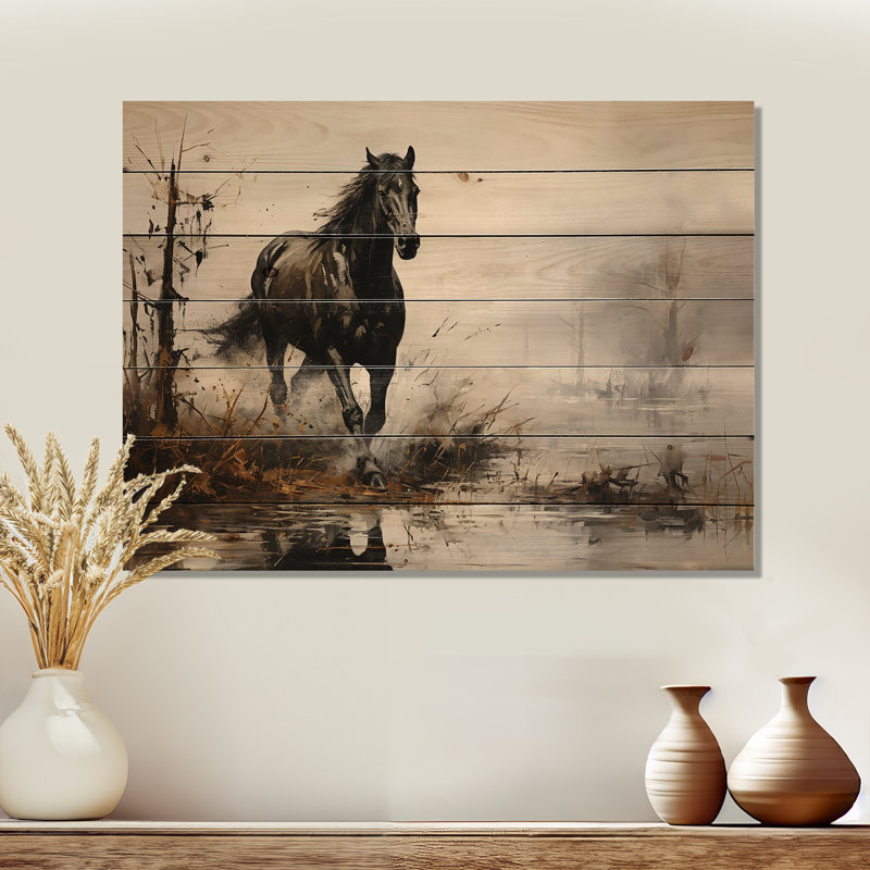«Grey Horse Misty Morning Canter II» sur bois, H 24 po x l 32 po x P 0,78 po
