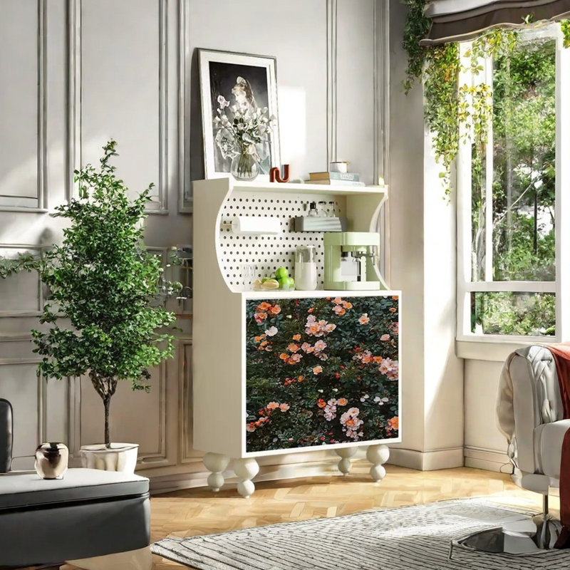 Grande armoire décorative à motif floral de grande capacité, Ivoire blanc