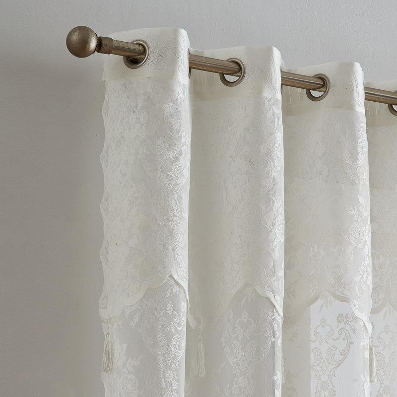 Natasa Sheer Patio Door Curtain Panel with Attached Valance and Tassels, Ivory