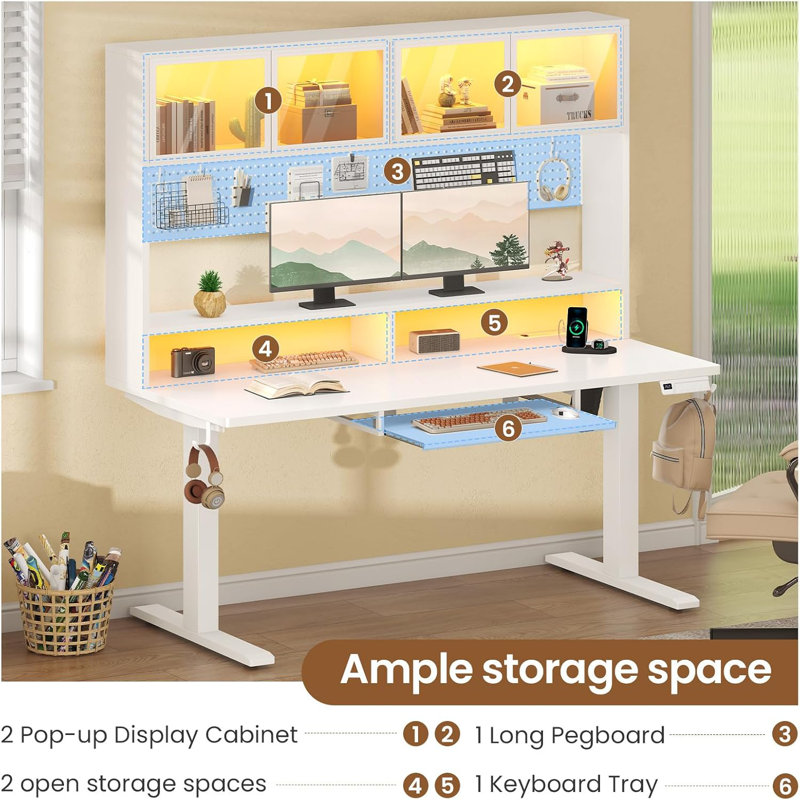 Bureau de jeu électrique à hauteur réglable avec rangement Rissa, Blanc