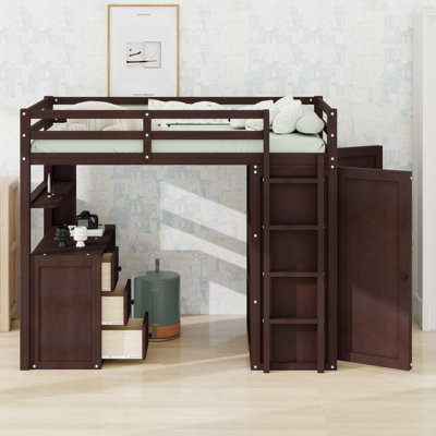 Lit mezzanine avec bureau, tiroirs et garde-robe, parfait pour les petites chambres