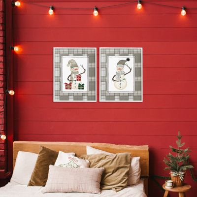 Cozy Snowmen on Plaid, ensemble de 2 giclées encadrées, design par Cindy Jacobs