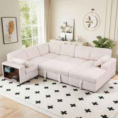 117" 6 Seated Sectional Sofa with Pull-Out Couch Bed, U Shaped Corduroy Cloud Couch Convertible Sleeper Sofa with Storage Chaise and Storage Armrests for Living Room