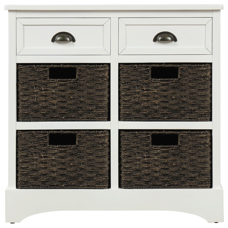 Armoire de rangement rustique avec tiroirs et paniers en rotin pour une utilisation polyvalente, Blanc