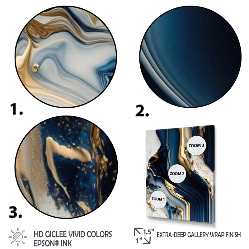 «Abstract Geode Waves Blue V» - Art mural abstrait, Impression noire sur toile encadrée, H 20 po x l 12 po x P 1 po