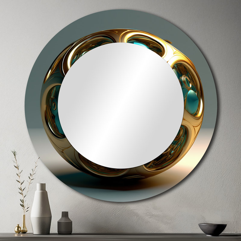 Confronting Infinity 3D Turquoise Gold Sphere II - Abstract Fractal Round Mirror Wall Decor, 36" x 36"