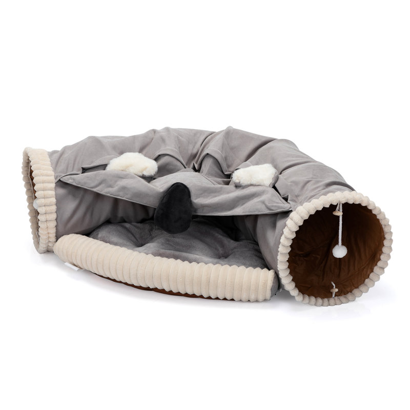 Lit tunnel gris pour chats d'intérieur - pliable, lavable, boules suspendues, double sommeil et chatons de jeu haute densité