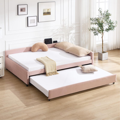 Upholstered Daybed With Trundle,Sturdy Wooden Bed Frame, Modern Diamond Grid Design,For Bedroom, Guest Room (Pink)