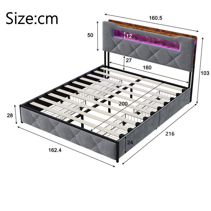 Bed, Gray, European Kingsize (160 x 200 cm)