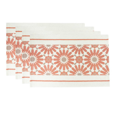 Pink Flower Print Braided Cotton Table Placemats, Set Of 4