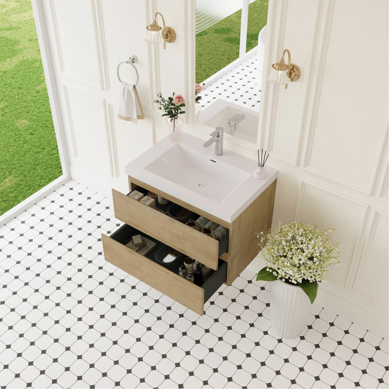 Meuble-lavabo mural 30 po avec lavabo, meuble de rangement mural avec cuve à surface solide et tiroirs à fermeture en douceur entièrement assemblés, chêne naturel