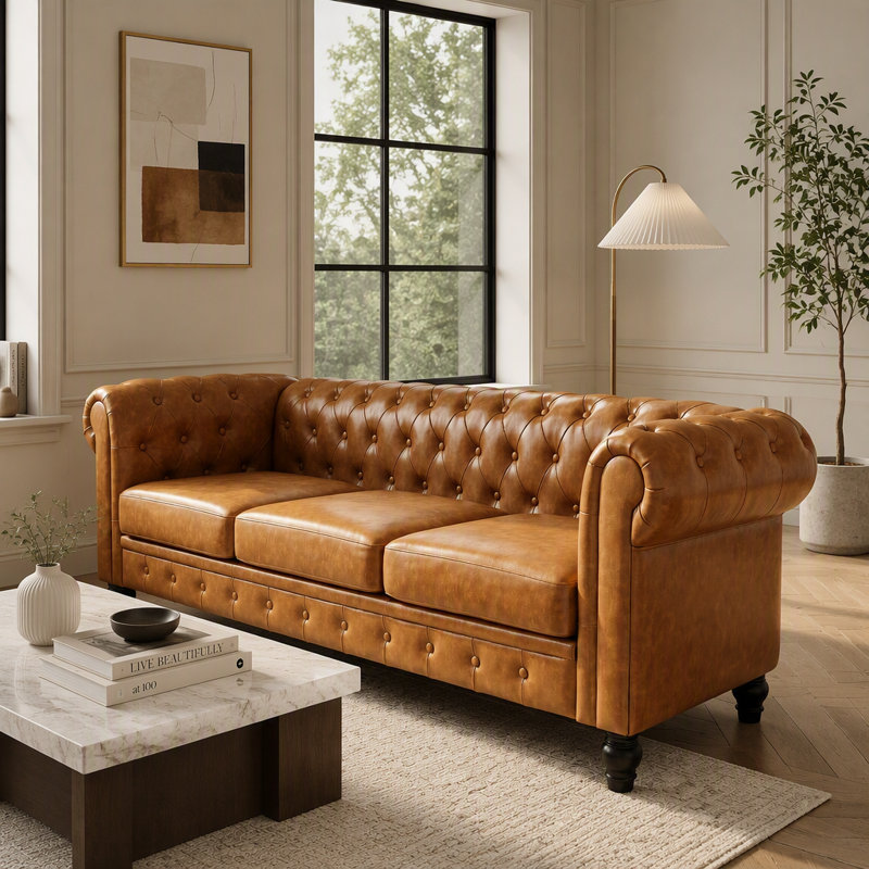 Canapé Chesterfield 3 places en similicuir, Similicuir brun clair