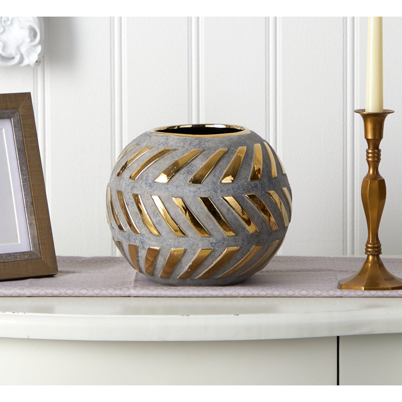 Vase de table en céramique gris intérieur / extérieur, H 6,75 po x l 8 po x P 8 po