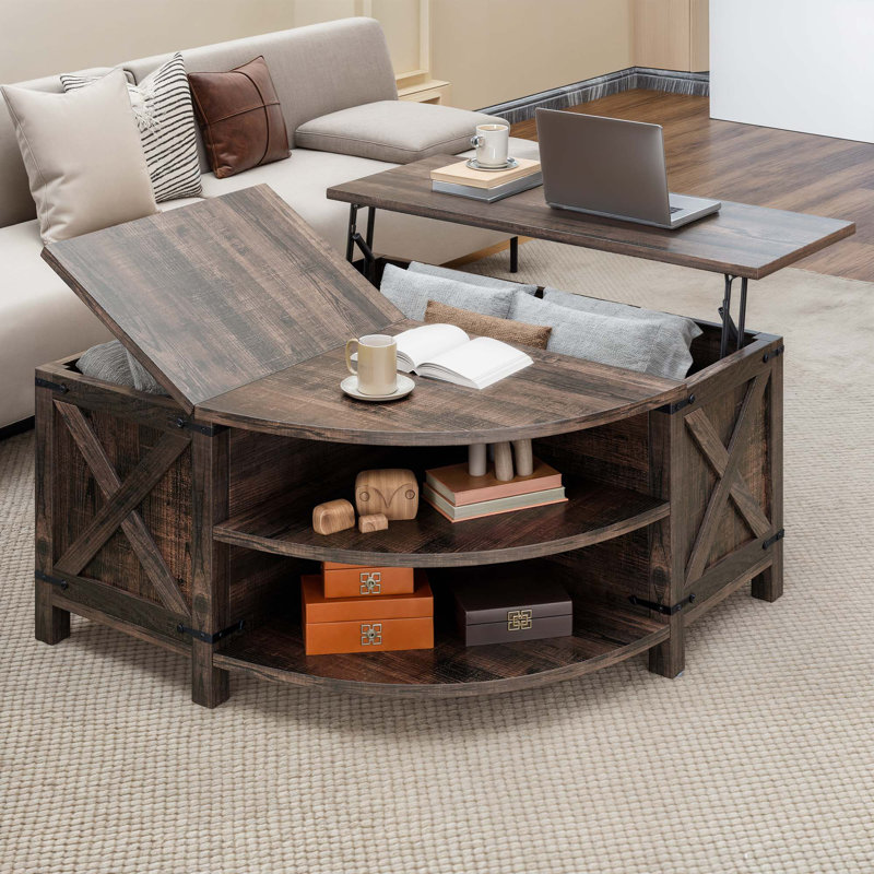 Table basse à plateau relevable l 39,4 po avec 2 comparaisons de rangement cachées, 2 tablettes et prises de courant