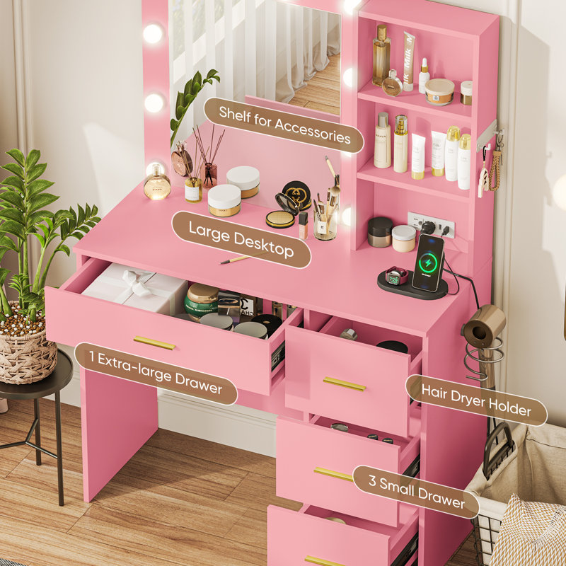 Makeup Vanity Desk With With 10 Light 3 Lighting Modes Brightness And Mirror And Power Outlet, Pink