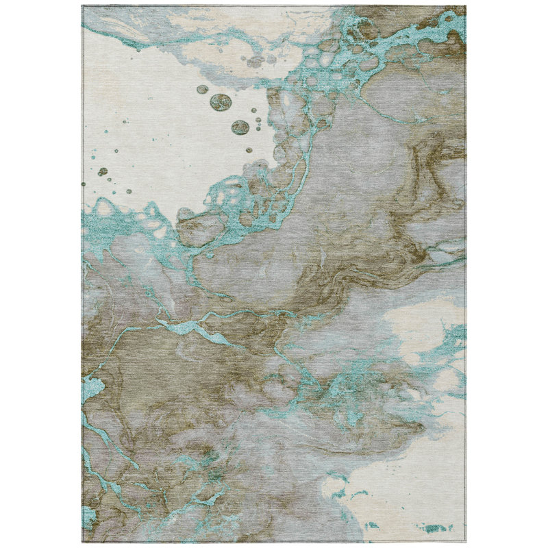 Tapis d'extérieur lavable abstrait bleu sarcelle 5 pi x 8 pi bleu et brun
