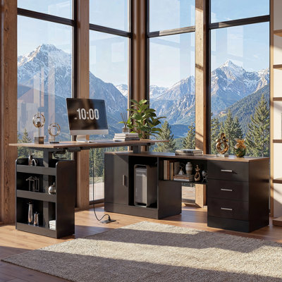 63'' L-Shaped Electric Standing Desk With Drawers, Adjustable Height Workstation With Storage Shelves And Cabinet, Sit-Stand Home Office Corner Desk