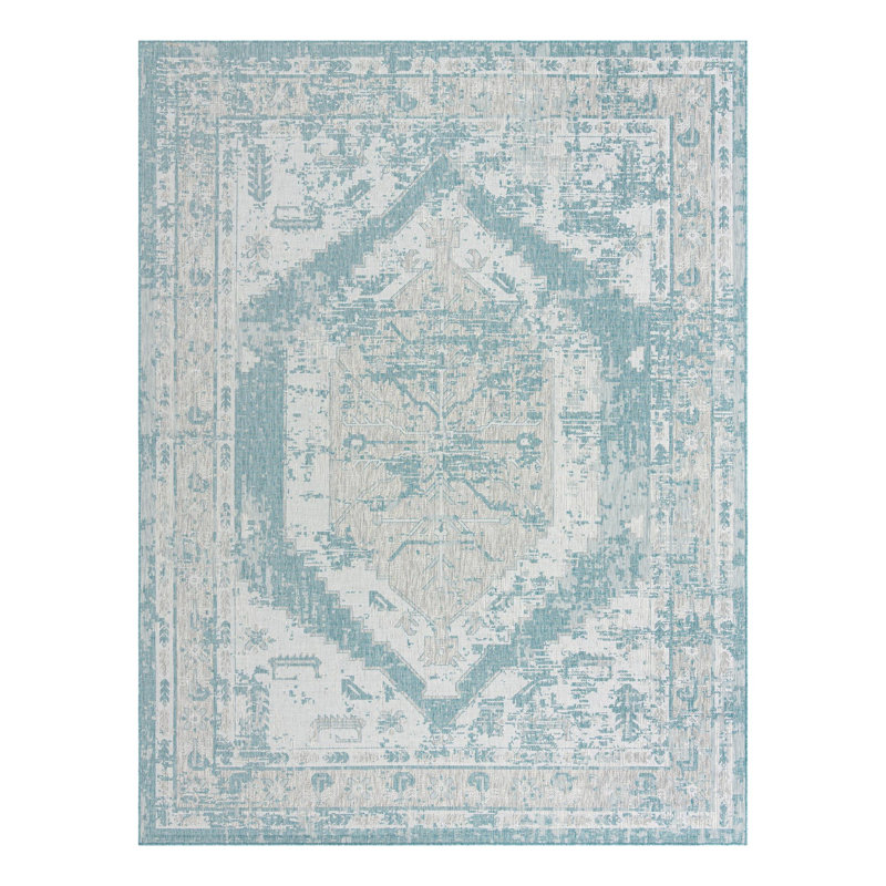 Tapis intérieur / extérieur en polypropylène tissé à la machine oriental bleu / gris, Rectangle 10 pi x 13 pi