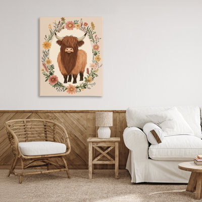 Cutesy Floral Highland Cow Canvas, design by Petal Prints Design