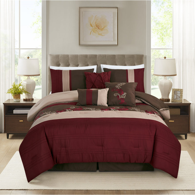 Floral Embroidered Microfiber 7 Piece Comforter Set, King Comforter + 6 Additional Pieces, Burgundy/Taupe/Brown
