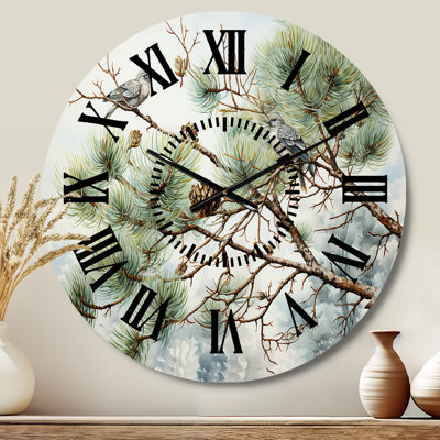 Bird On Pine Tree I - Floral Black Face Wall Clock