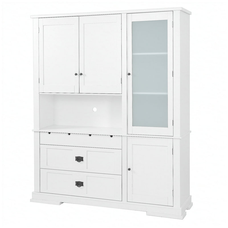 Buffet autoportant traditionnel avec huche, grande armoire de rangement avec tiroirs, portes et tablettes réglables, blanc