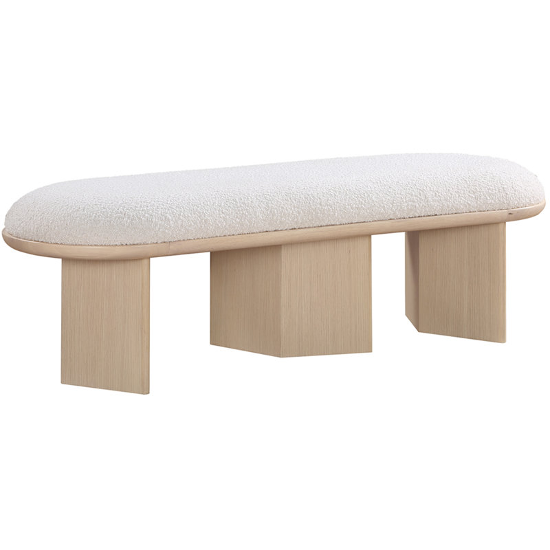 Banc rembourré en tissu Wilshire Boucle, Tissu crème bouclé, Chêne naturel