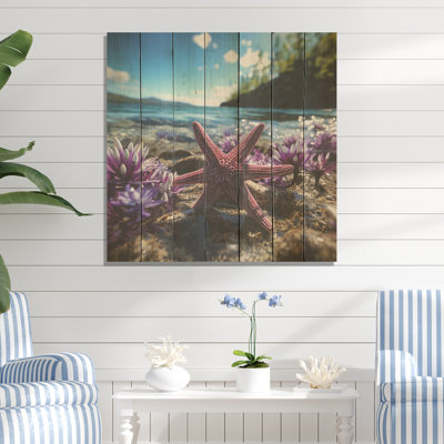 Étoile de mer corail sur la plage, photo I - plage sur bois