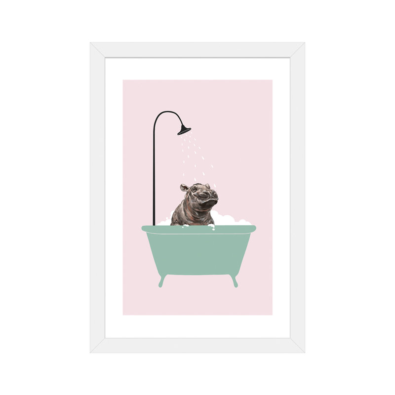 Hippopotame dans une baignoire, art encadré, H 24 po x l 16 po x P 1 po, Papier avec cadre blanc