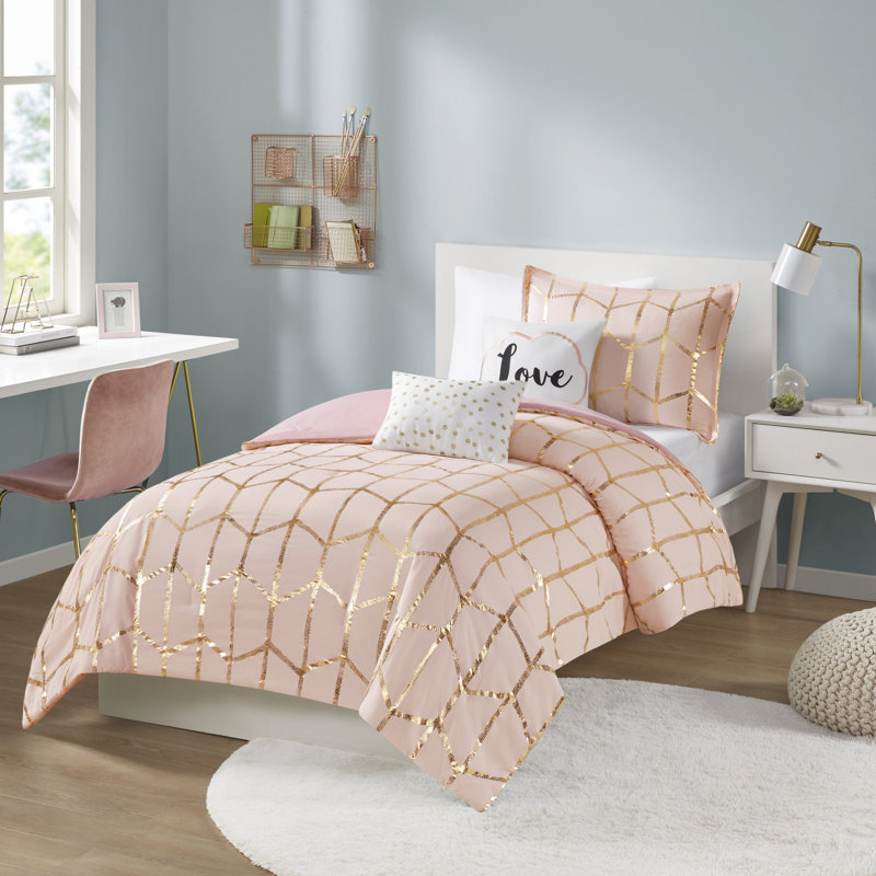 Ensemble d'édredon à imprimé métallique Raina, Édredon simple / simple TG, 1 taie décorative et, Rosé / doré