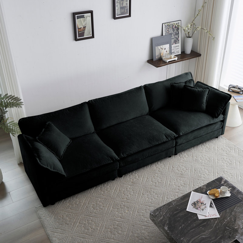 Modular 4-Seater Sofa with Chenille Fabric Upholstery with a Fixed Arm and Solid Wood Frame, Black, 33" H x 111.5" W x 35" D