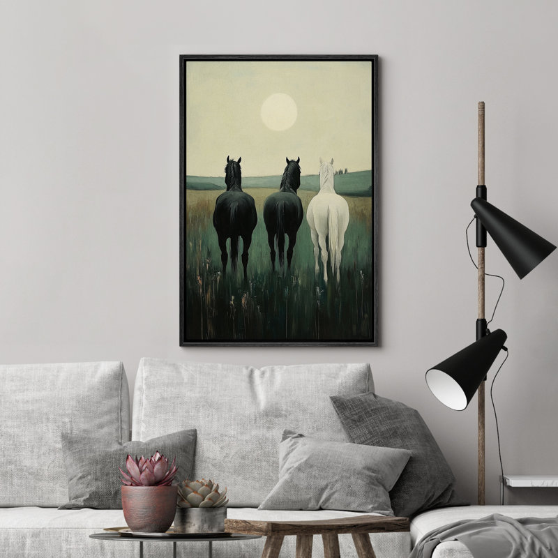 Reproduction d'art sur toile encadrée, "Chevaux de retour dans le champ", H 24 po x l 16 po, Noir, noir, noir, noir