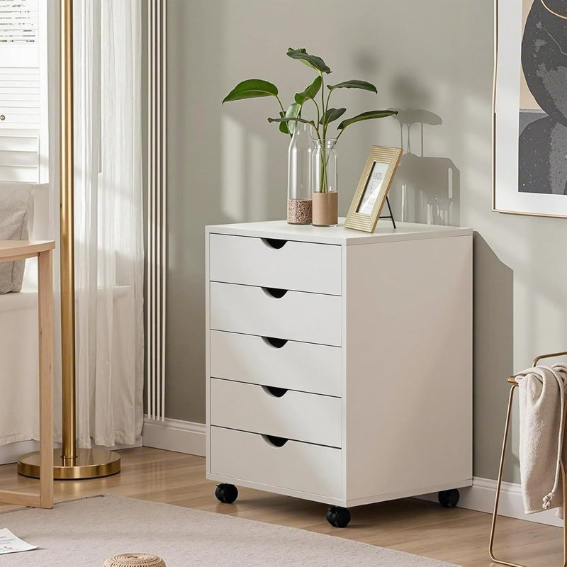 5 Drawer Mobile File Cabinet Under Desk Storage Organization With Wheels Vertical Filing Chest Rolling Wood Small Desk Printer Stand For Home Office, 15.75"D X 18.74"W